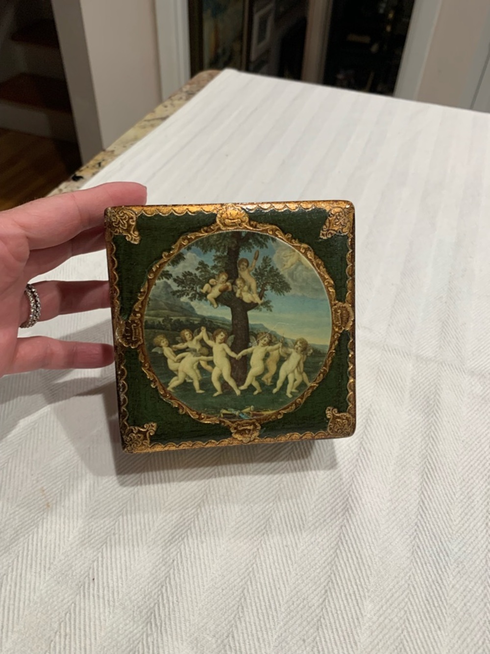Vintage Italy Florentine gilt wood Trinket Box in Deep Green with Gold Accents